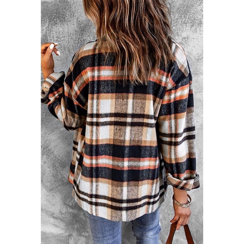 Womens Plaid Flannel Shirt Jacket BeachLoungeLunch Orange Brown White - Picture 2 of 13